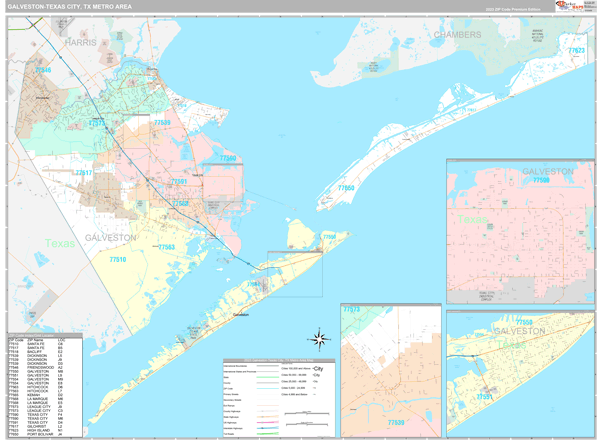 Galveston-Texas City Metro Area Wall Map Premium Style
